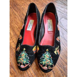 Vintage Worthington Christmas Holiday Embroidered Black Velveteen Flats Shoes 8M